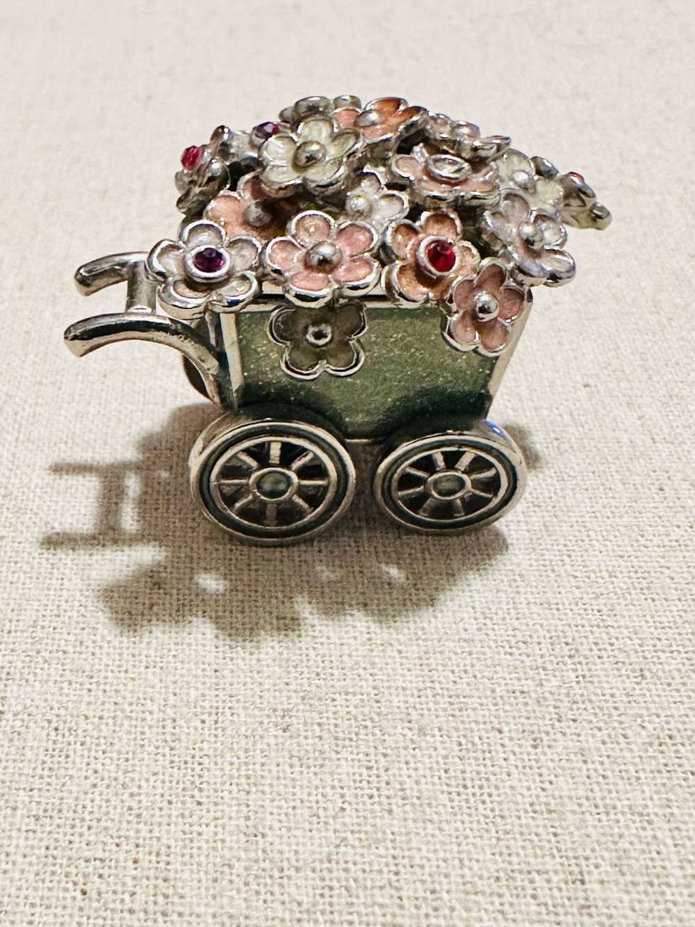 Monet | Trinket Box | Monet Silver Floral Cart Brooch with Green & Pink Enamel - Picture 8 of 10